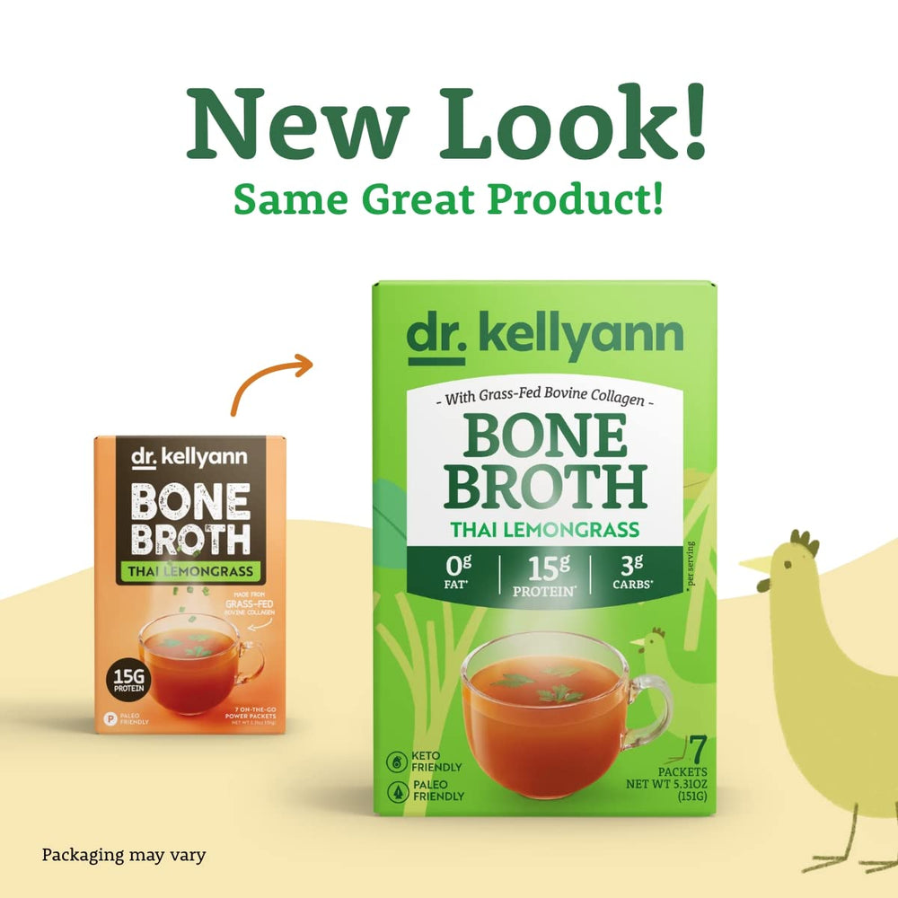 Steaming Dr. Kellyann Thai Lemongrass Bone Broth emphasizes savory aroma and protein-packed nourishment.