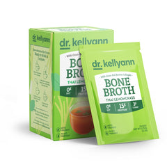 Dr. Kellyann Thai Lemongrass Bone Broth packets heat-ready for a quick protein boost.