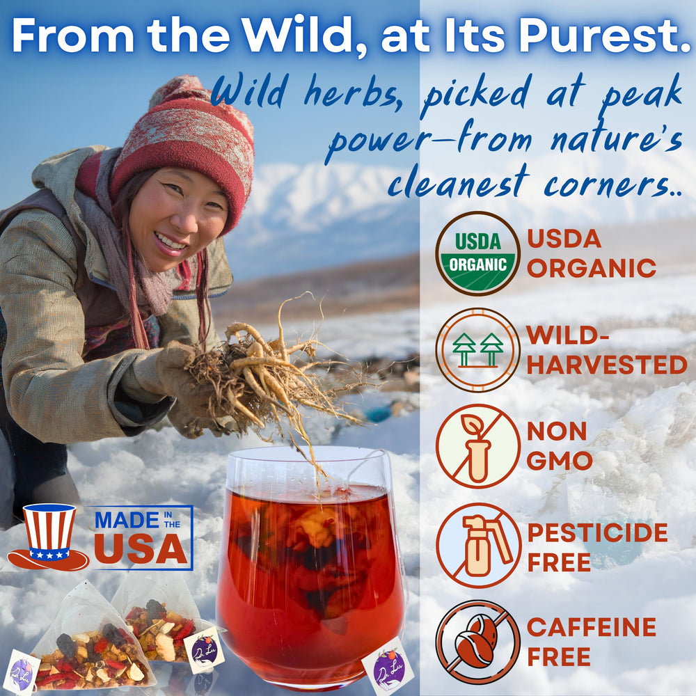 Dr. Lu Five Treasures tea blend with maca root in herbal mix.