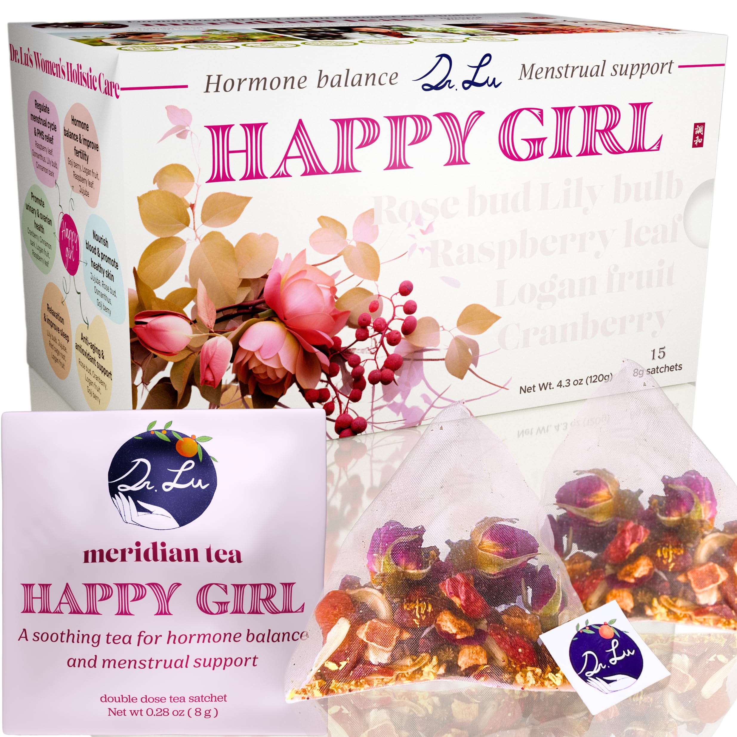Dr. Lu Happy Girl Tea box packaging highlights a balanced herbal blend for daily use.