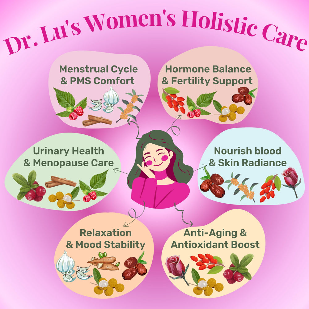 Dr. Lu Happy Girl Tea raspberry leaf visible, natural flavor for evenings.