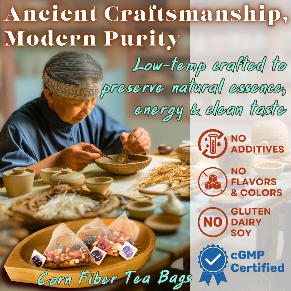 Dr. Lu Organic ginseng tea brewing in a cup with steam.
