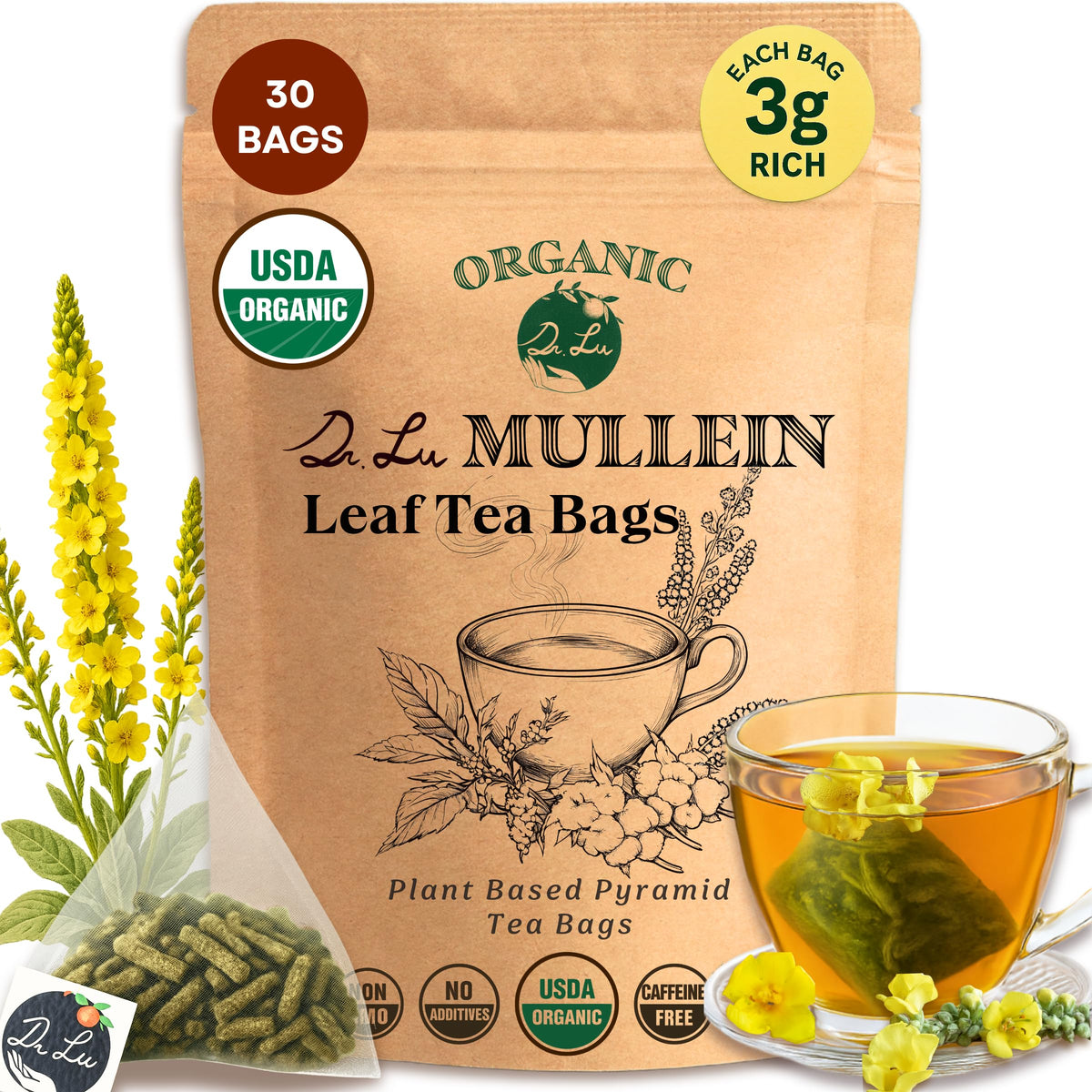 Dr. Lu’s Organic Mullein Leaf Tea box front shows premium packaging and organic quality.