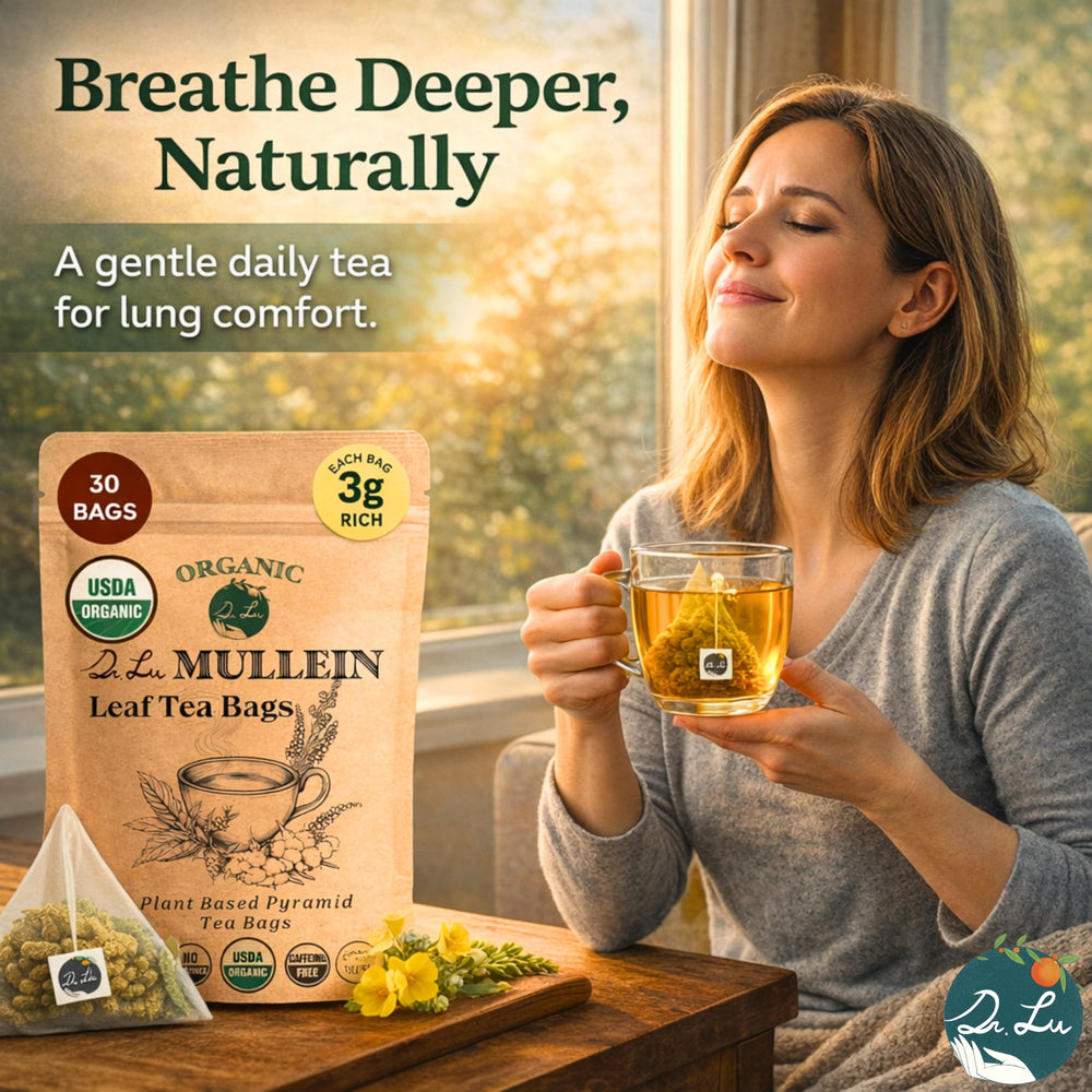 Kitchen setup showing daily ritual potential with Dr. Lu’s Mullein Tea.