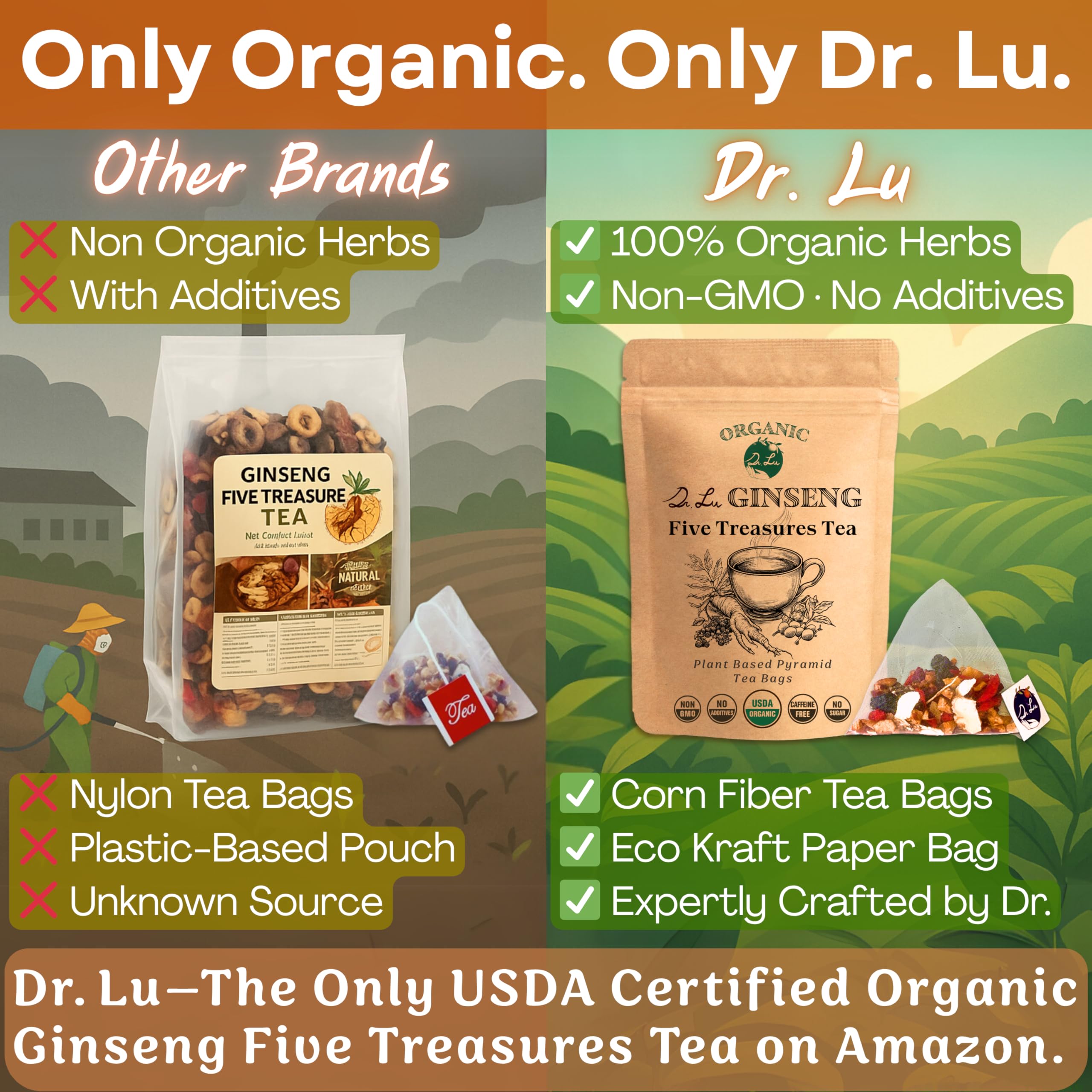 Dr. Lu USA-made herbal tea packaging highlights sustainable production.