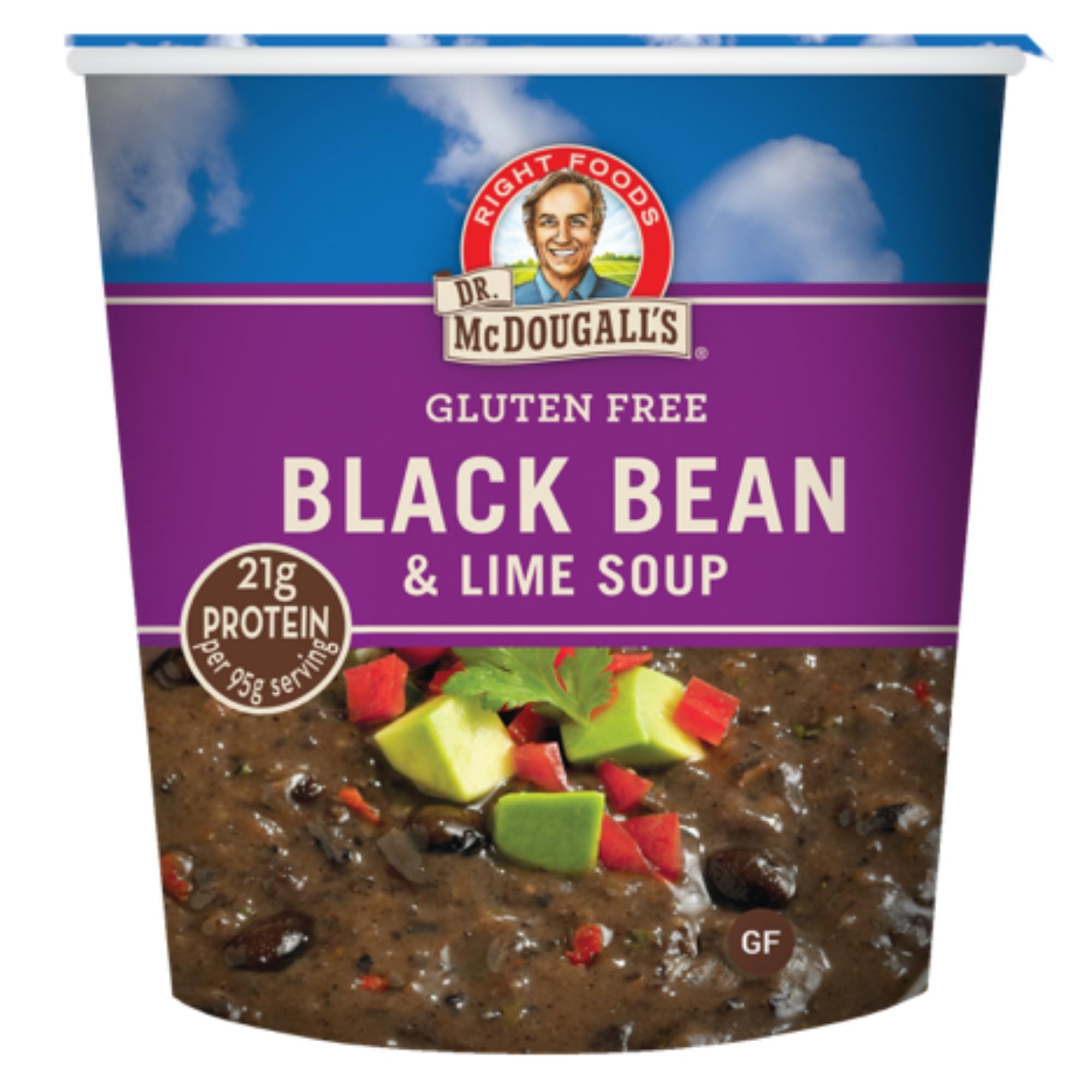 Dr. McDougall's Black Bean and Lime Soup cup-serve: easy heat-and-serve vegan meal.