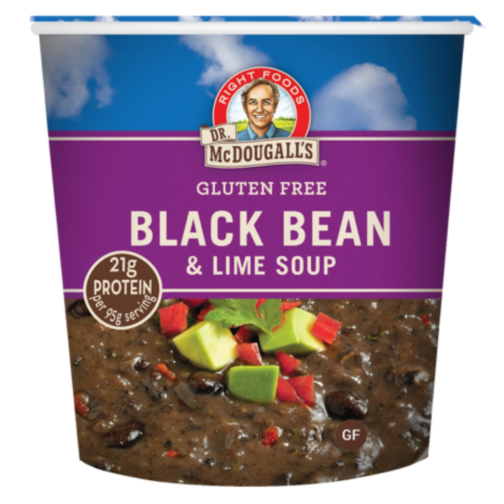 Dr. McDougall's Black Bean and Lime Soup cup-serve: easy heat-and-serve vegan meal.