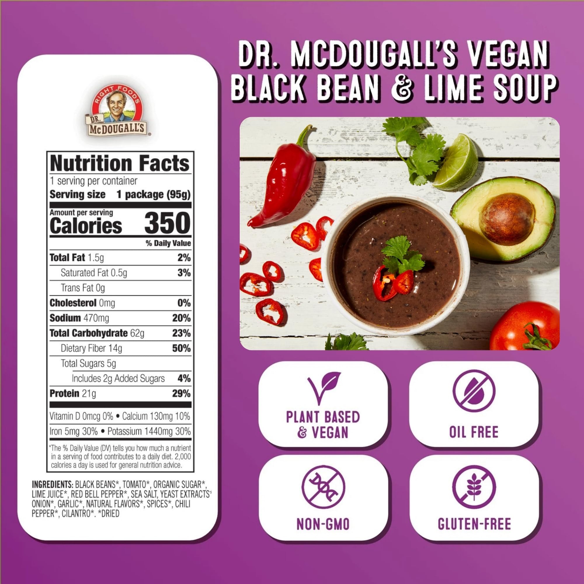 Dr. McDougall's Black Bean and Lime Soup nutrition facts panel highlighting protein and fiber.