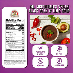 Dr. McDougall's Black Bean and Lime Soup nutrition facts panel highlighting protein and fiber.