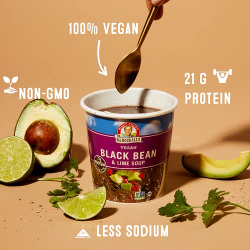 Dr. McDougall's Black Bean and Lime Soup steaming bowl showcasing quick, plant-based dinner.
