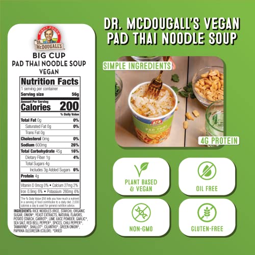 Dr. McDougall's Pad Thai Noodles ingredients panel, plant-based simplicity for quick weeknight meals.