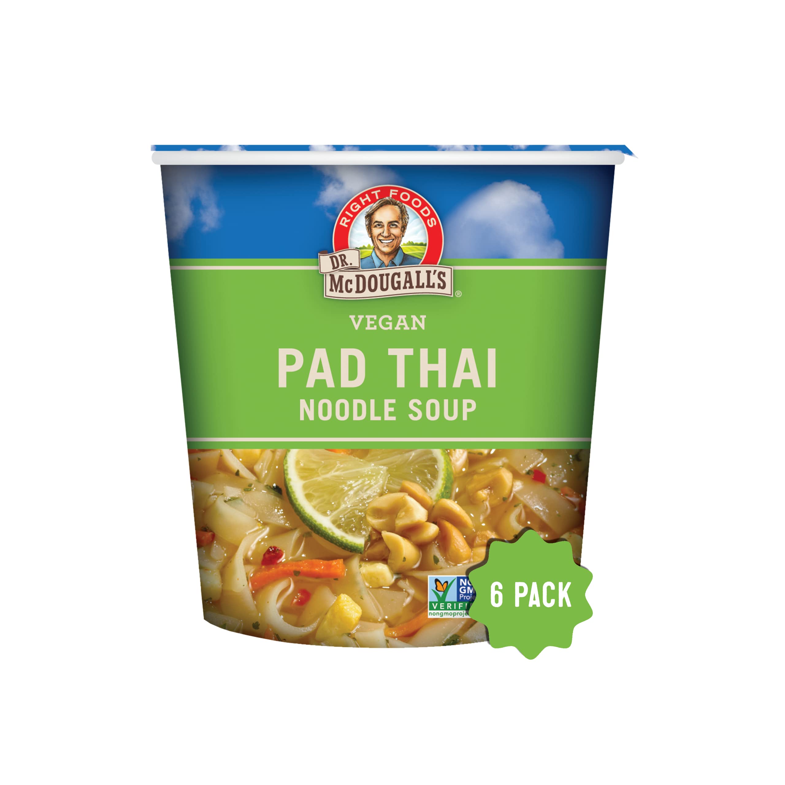 Dr. McDougall's Pad Thai Noodles cup, top view, convenient vegan meal ready in minutes.