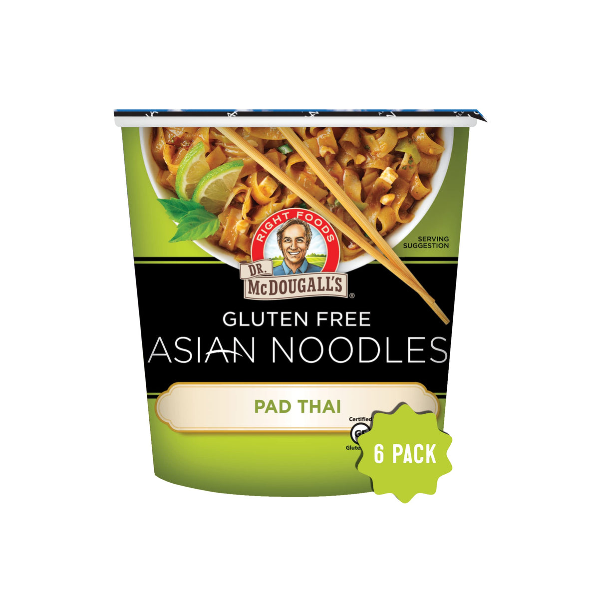 Dr. McDougall's Pad Thai noodles cup front pack, a convenient vegan meal option.