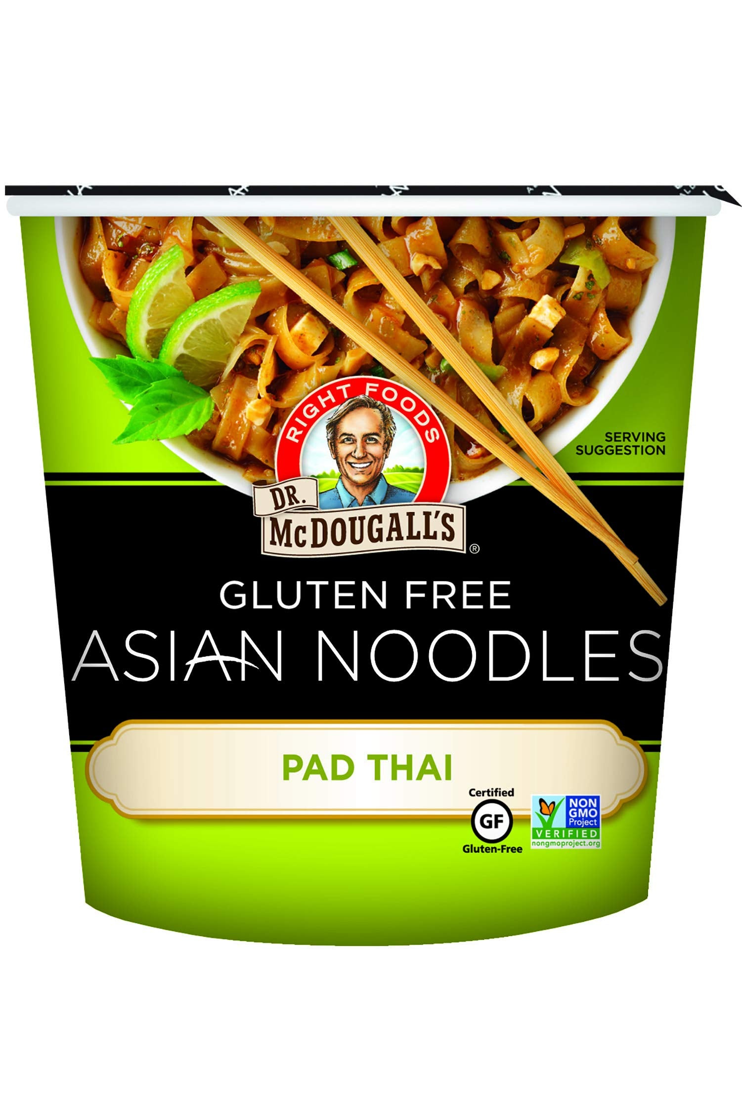 Dr. McDougall's Pad Thai noodles packaging, recyclable materials supporting sustainability.