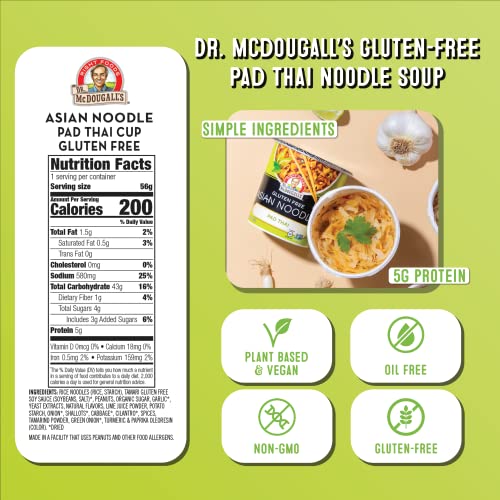 Dr. McDougall's Pad Thai noodles cup ingredients panel highlighting plant-based recipe.