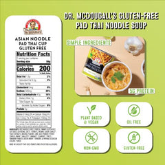 Dr. McDougall's Pad Thai noodles cup ingredients panel highlighting plant-based recipe.