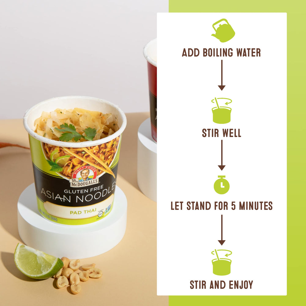 Dr. McDougall's Pad Thai noodles cup being filled with hot water, easy prep.