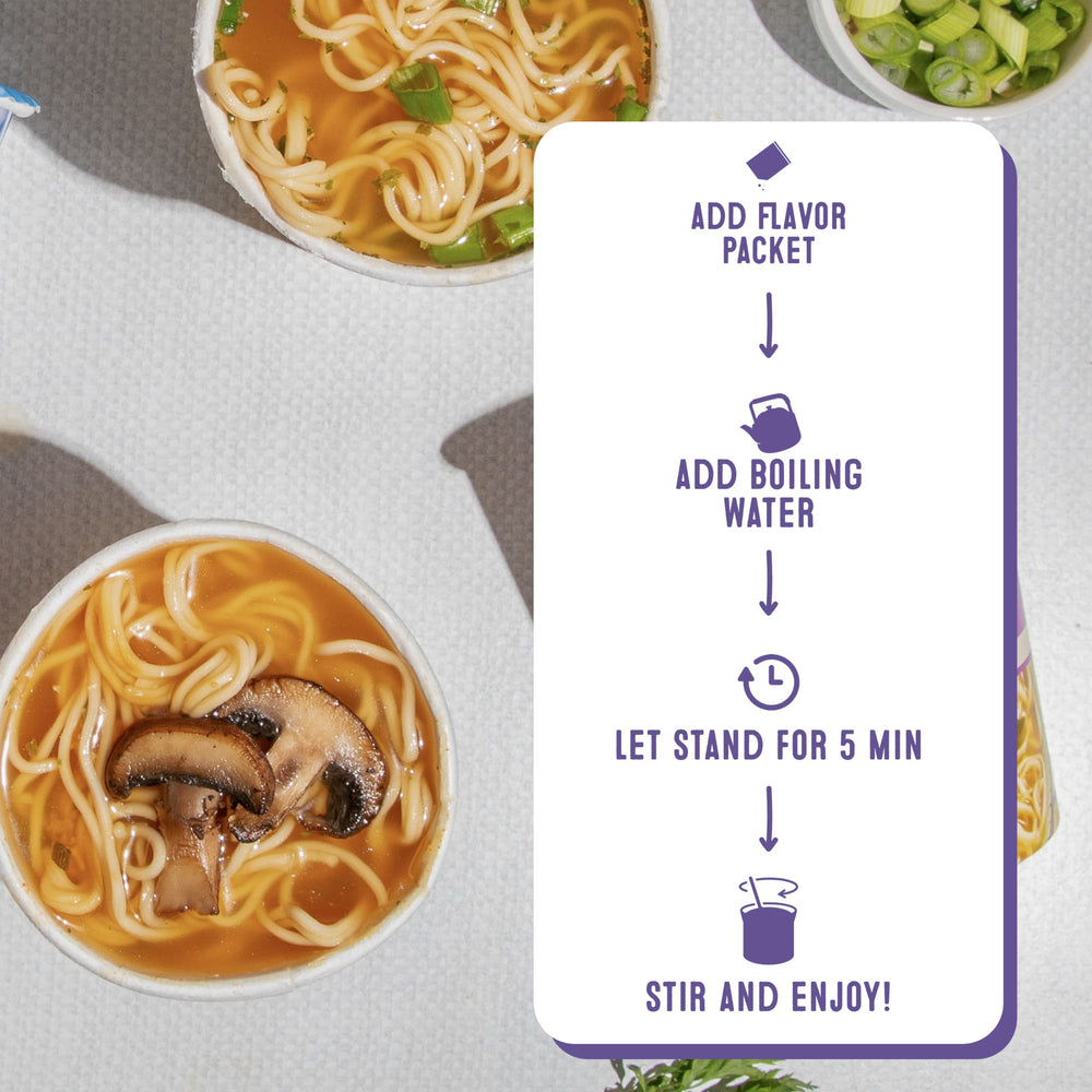 Ready-to-serve ramen cup saves time during busy days.