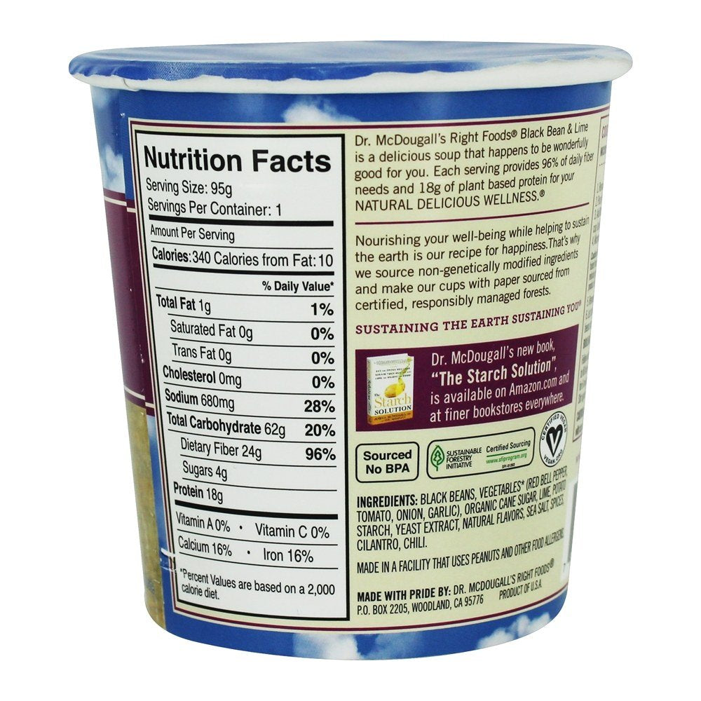 Dr. McDougall's Right Foods Black Bean and Lime Big Cup Soup ingredients close-up shows texture for quick lunches.
