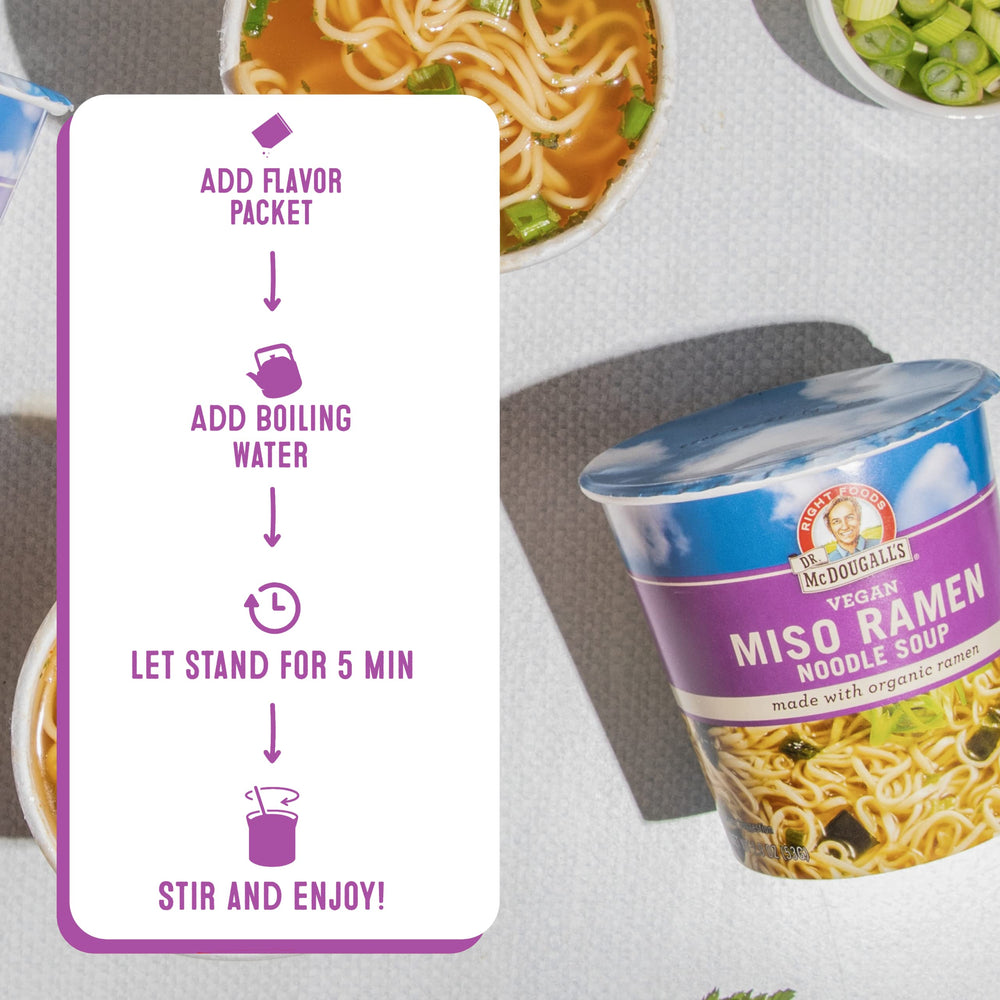 Dr. McDougall's vegan miso ramen offers variety of flavors like Spring Onion and Pad Thai.