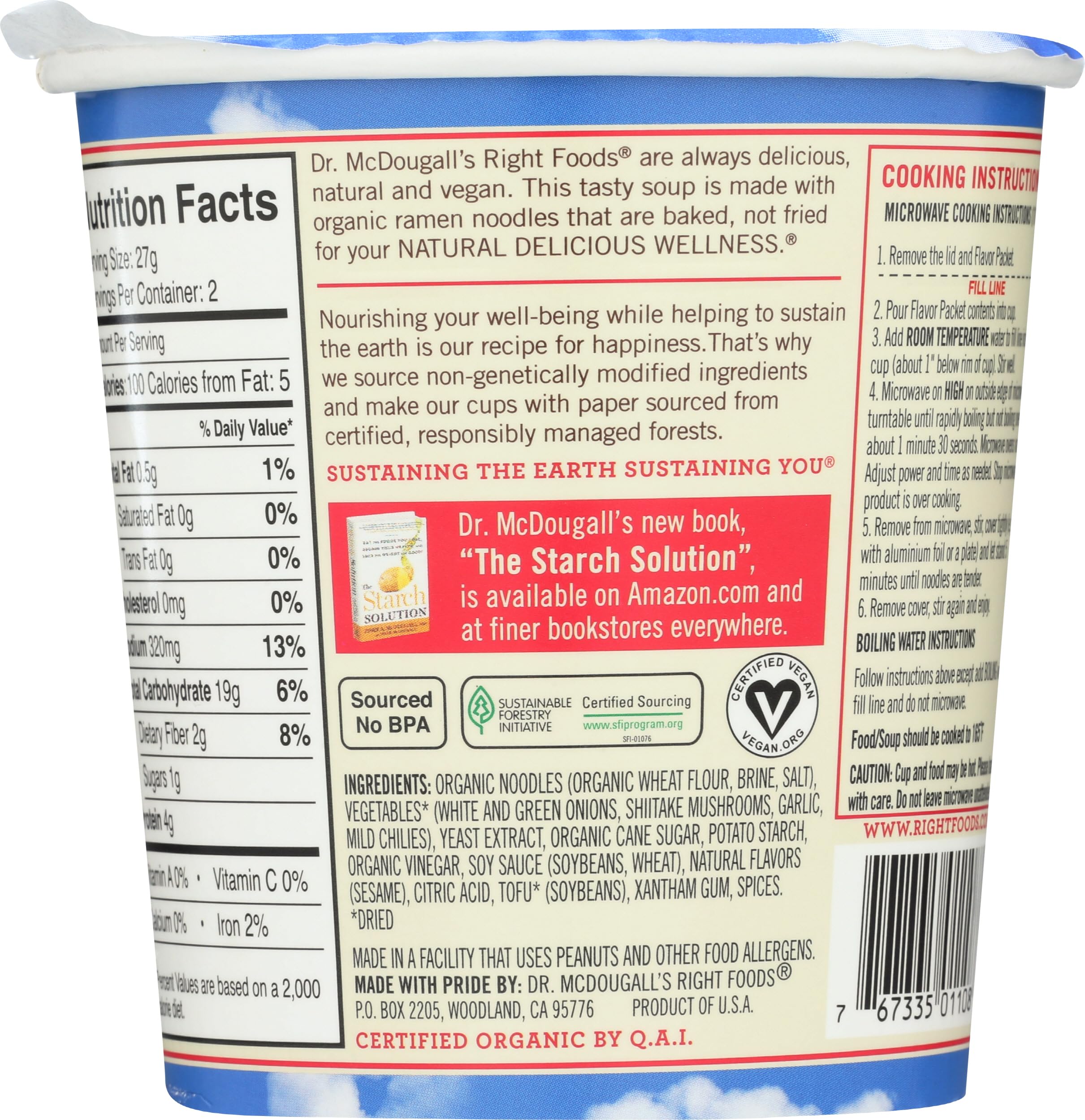 Dr. McDougall's Right Foods hot-sour cantans organic noodles and mushrooms ready in minutes.