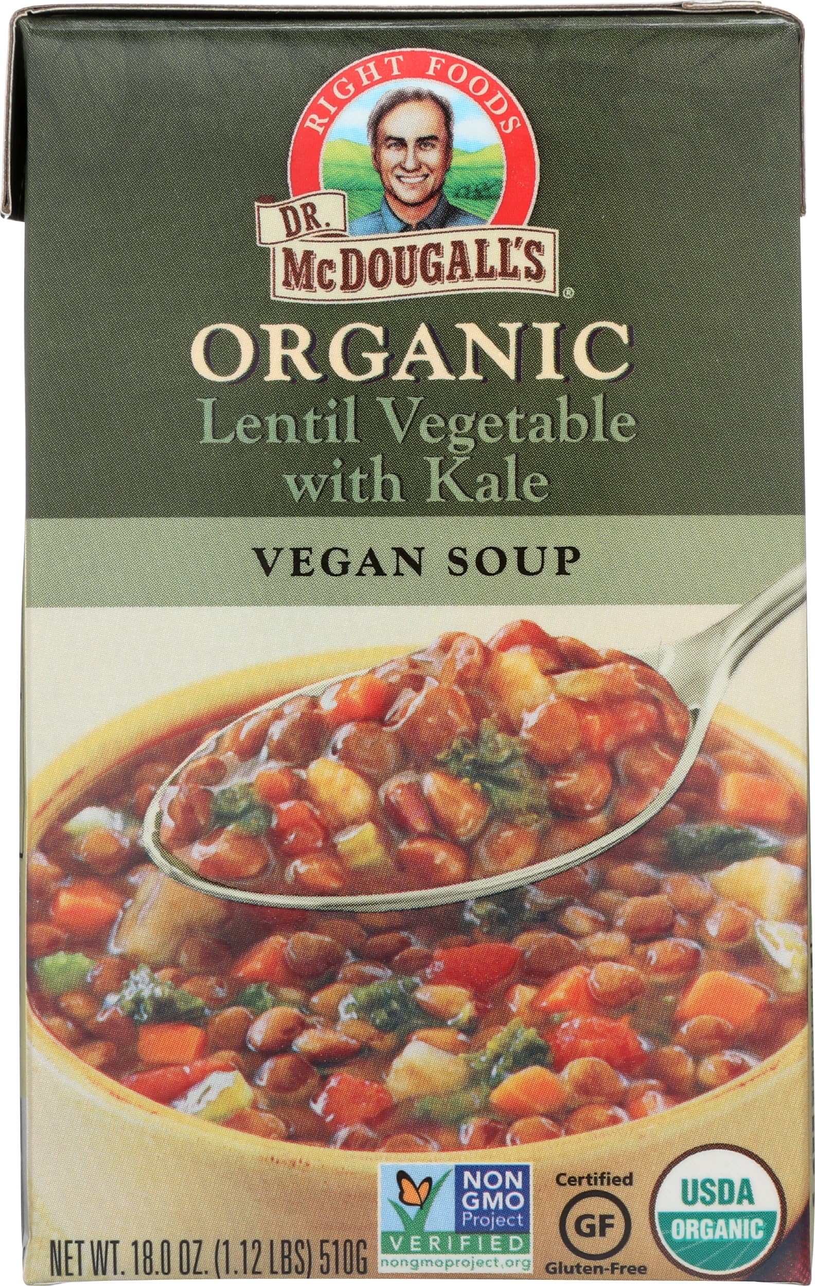 Dr. McDougall's Right Foods organic lentil soup can, protein-rich meal.