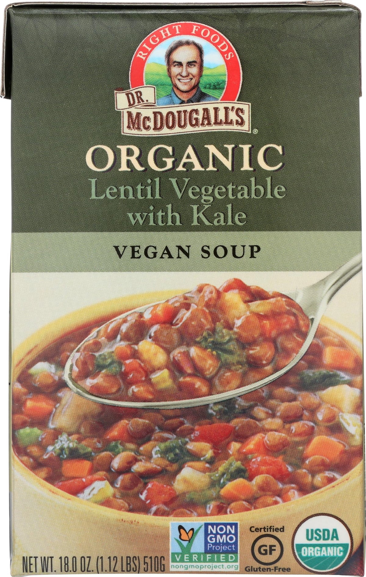Dr. McDougall's Right Foods organic lentil soup can, protein-rich meal.