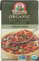 Dr. McDougall's Right Foods organic lentil soup can, protein-rich meal.