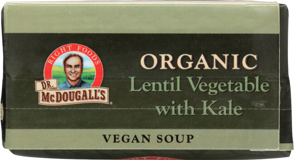 Dr. McDougall's Right Foods soup on kitchen counter ready to heat.