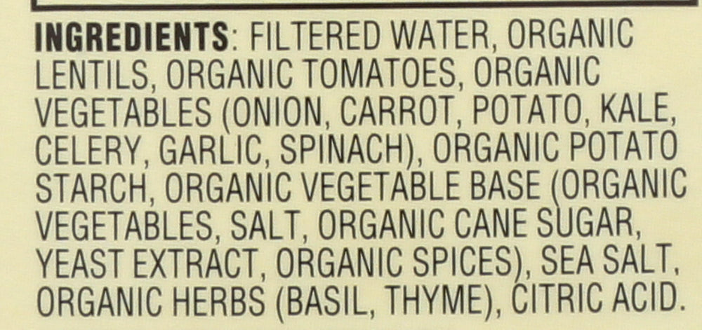 Dr. McDougall's Organic Lentil Vegetable Soup ingredients label close-up.