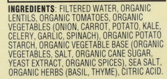 Dr. McDougall's Organic Lentil Vegetable Soup ingredients label close-up.