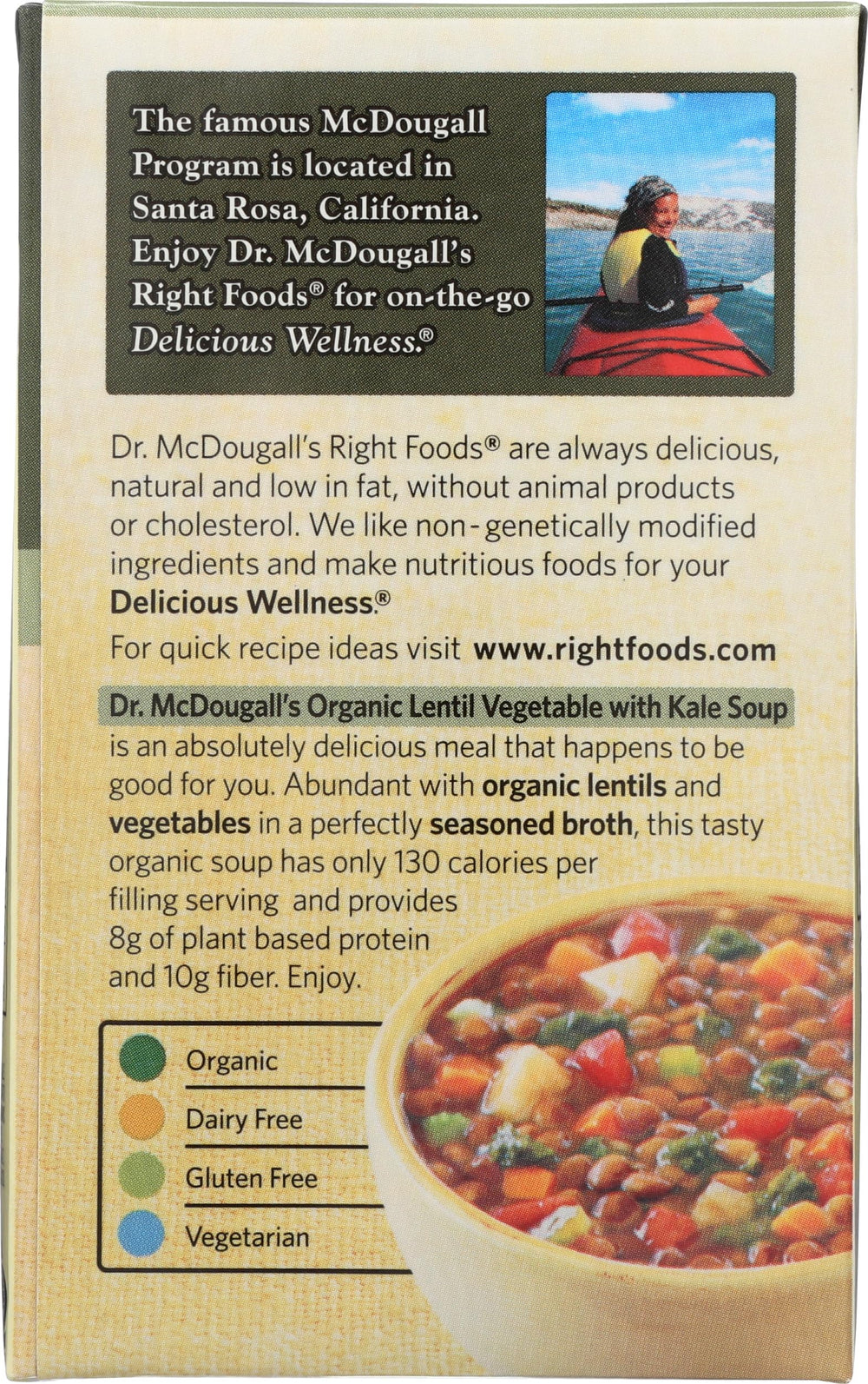 Dr. McDougall's Right Foods lentil soup bowl, satisfying vegetable flavors.