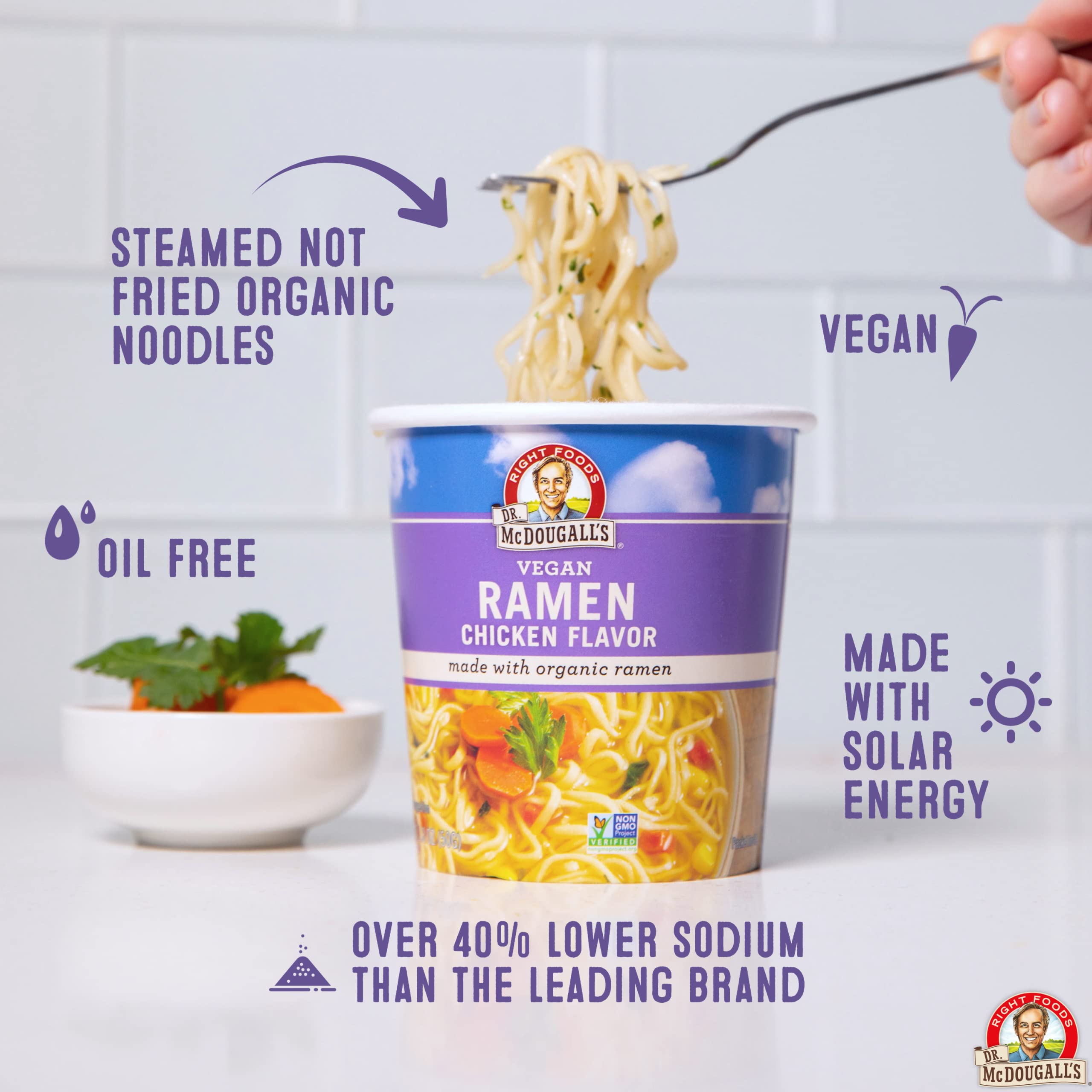 Sustainable packaging by Dr. McDougall's Right Foods supports eco-friendly meals.