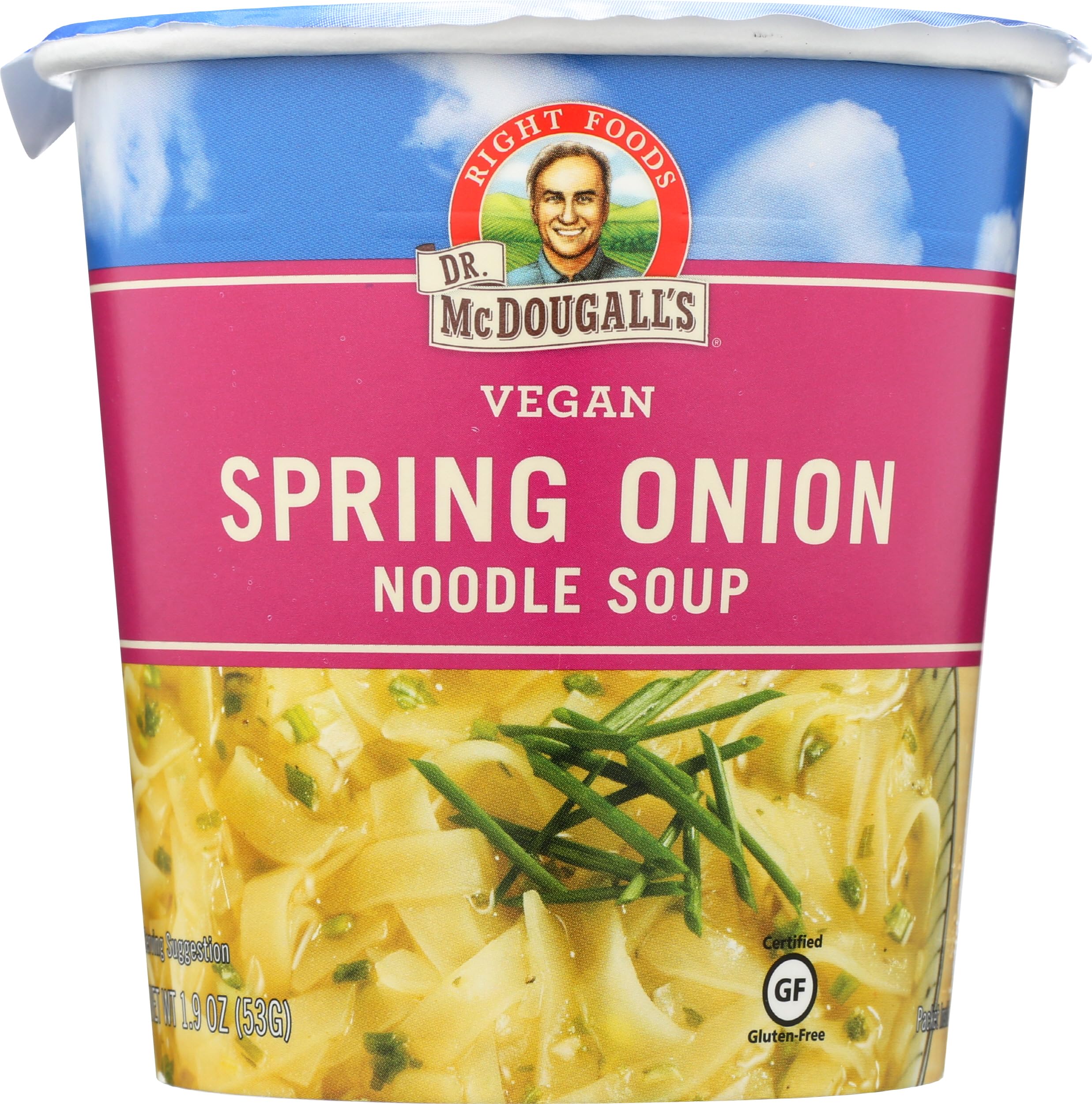 Dr. McDougall's Right Foods spring onion noodle cup steaming for quick lunch