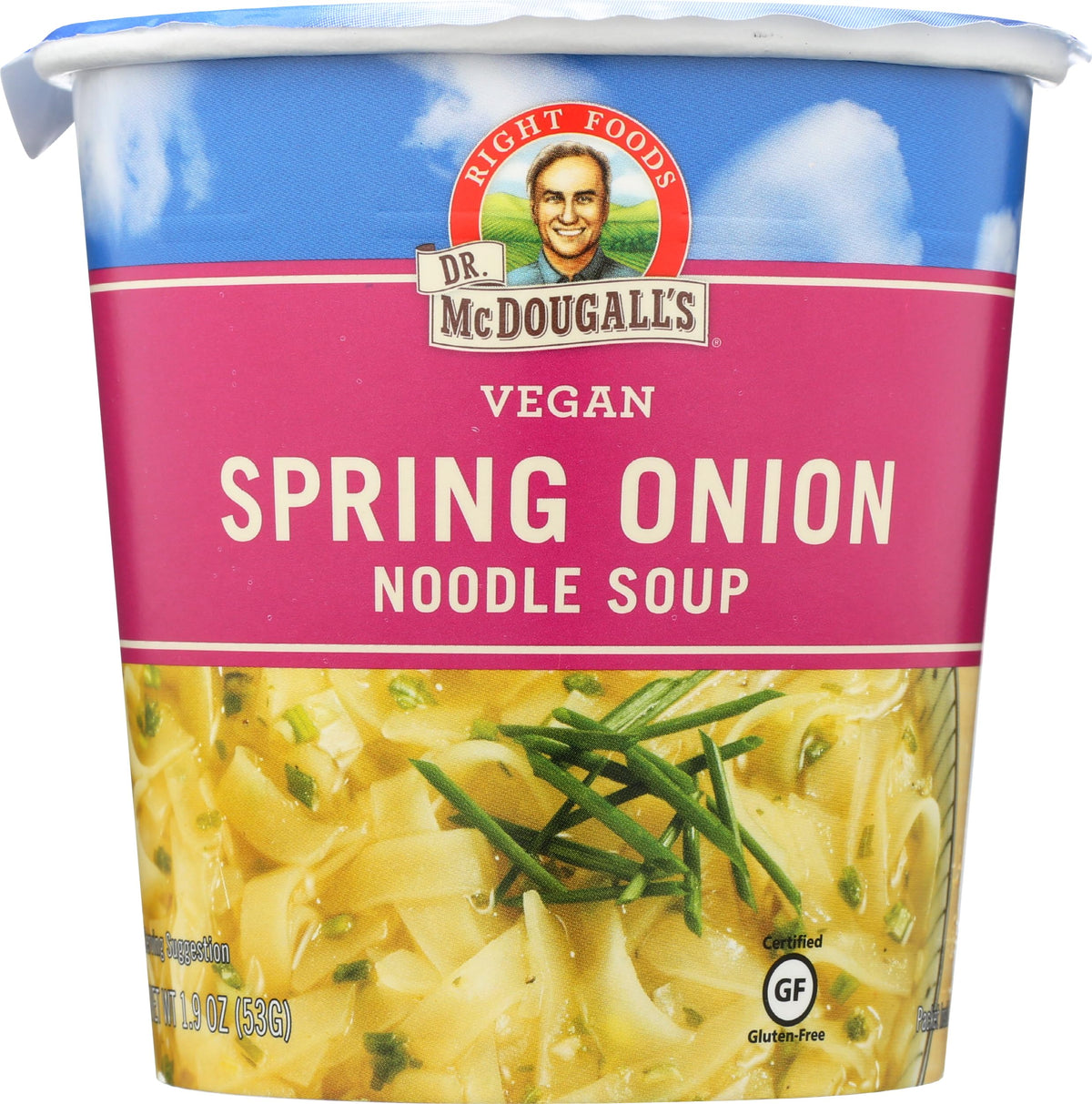 Dr. McDougall's Right Foods spring onion noodle cup steaming for quick lunch