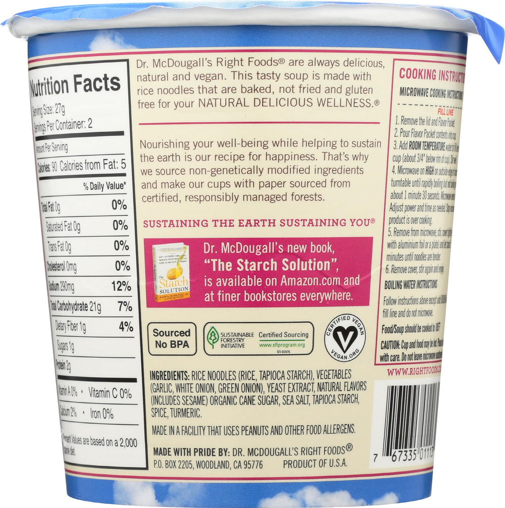 Dr. McDougall's Right Foods spring onion noodle cup close-up with savory broth