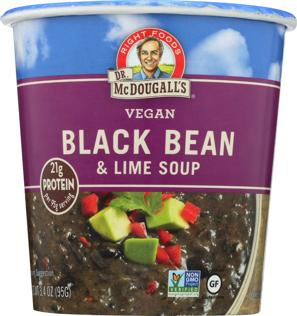 Dr. McDougall's Right Foods vegan black bean & lime soup cup ready to heat for a quick meal