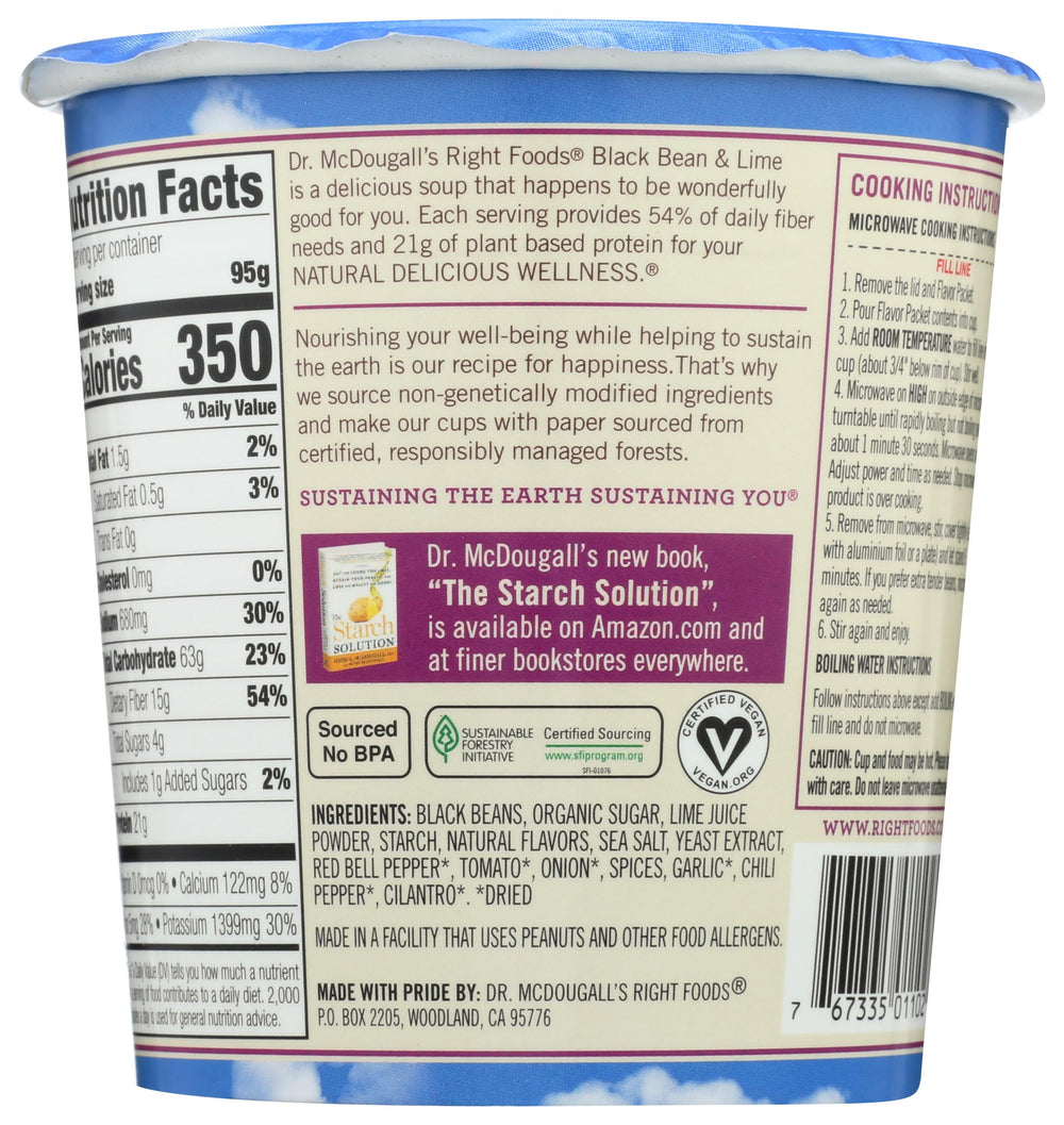 Dr. McDougall's Right Foods vegan soup cup front label showing gluten-free and cholesterol-free claims