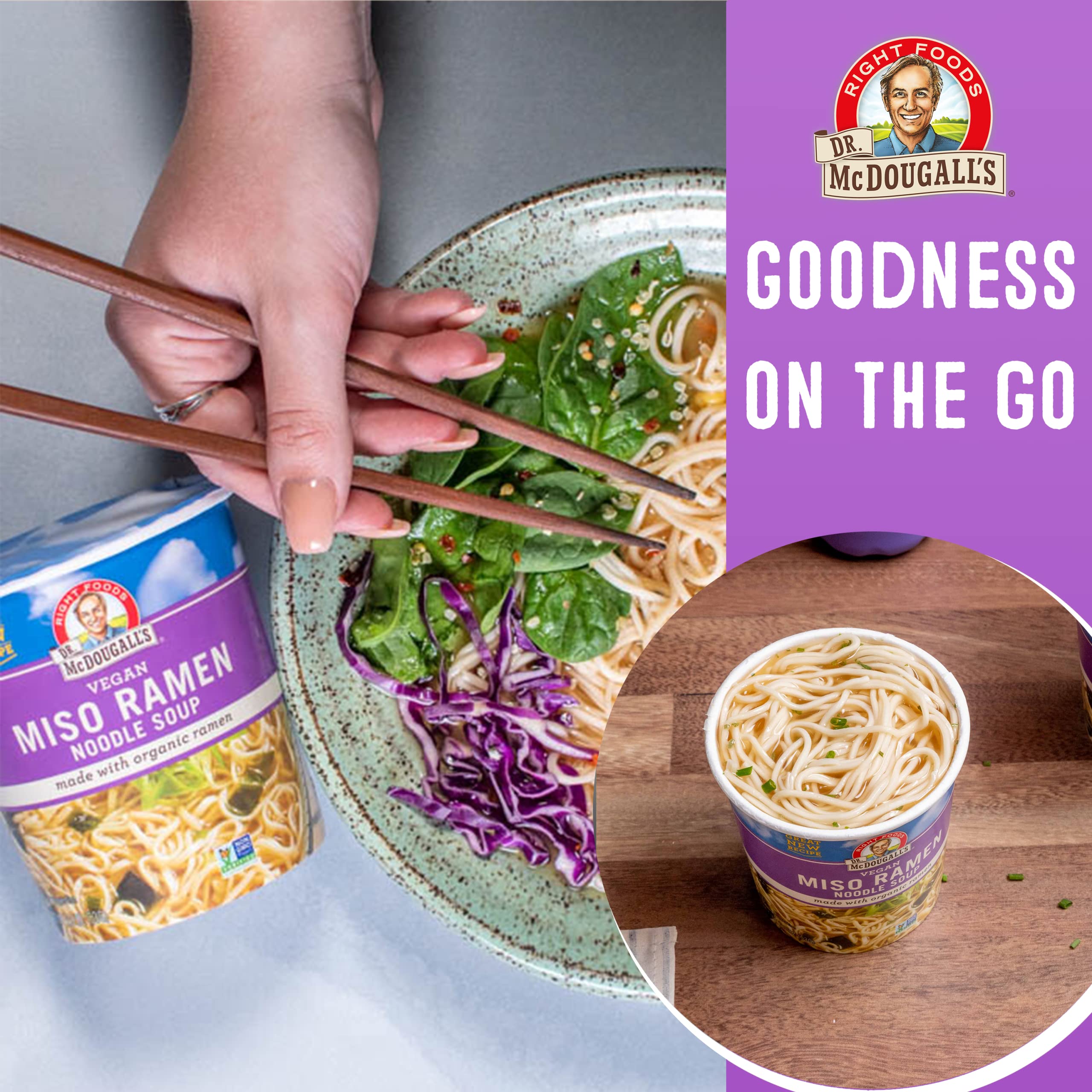 Dr. McDougall's vegan ramen cup delivers plant-based satisfaction without added oil.