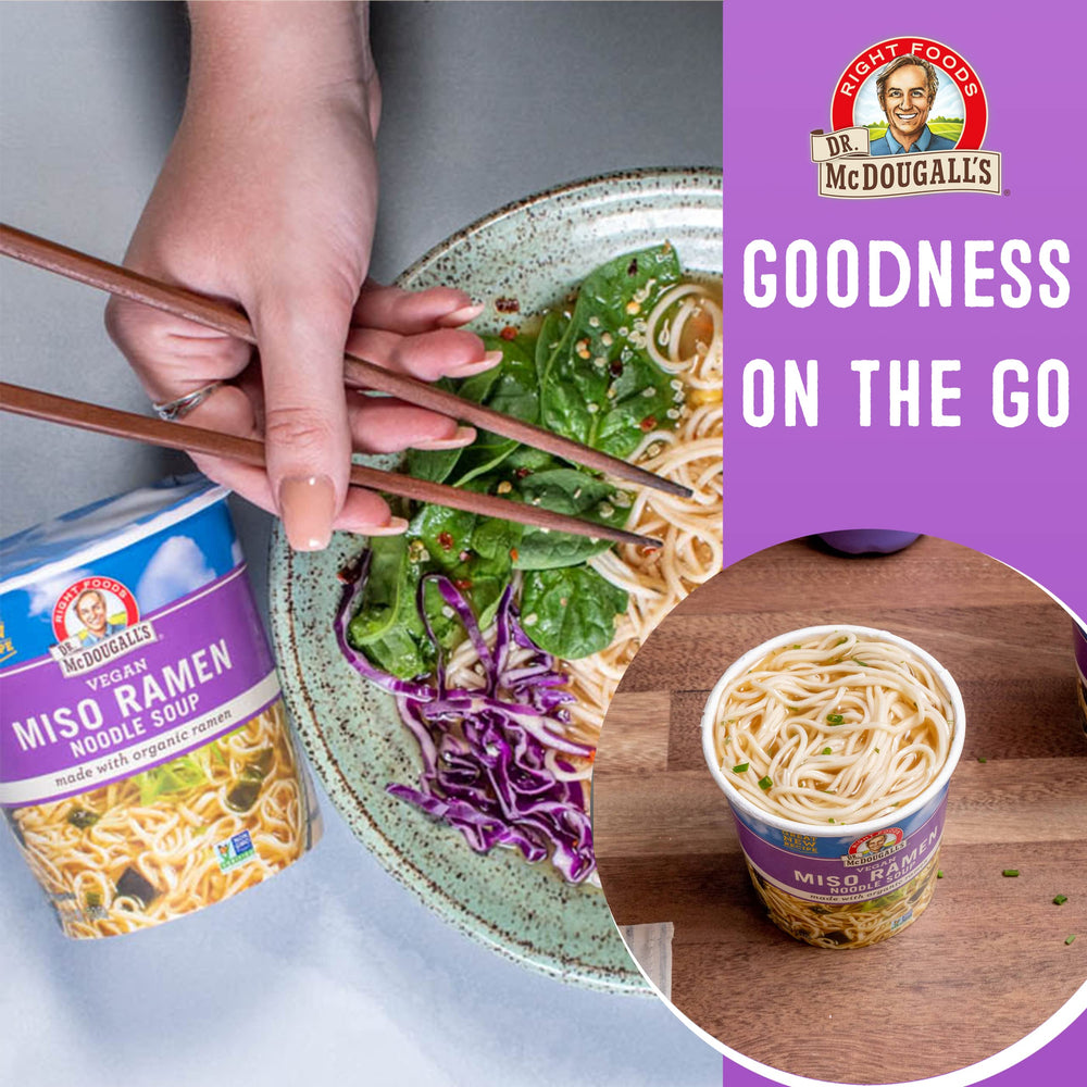 Dr. McDougall's vegan ramen cup delivers plant-based satisfaction without added oil.