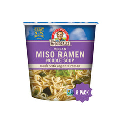 Dr. McDougall's vegan miso ramen cup with noodles and wakame seaweed for a comforting meal.