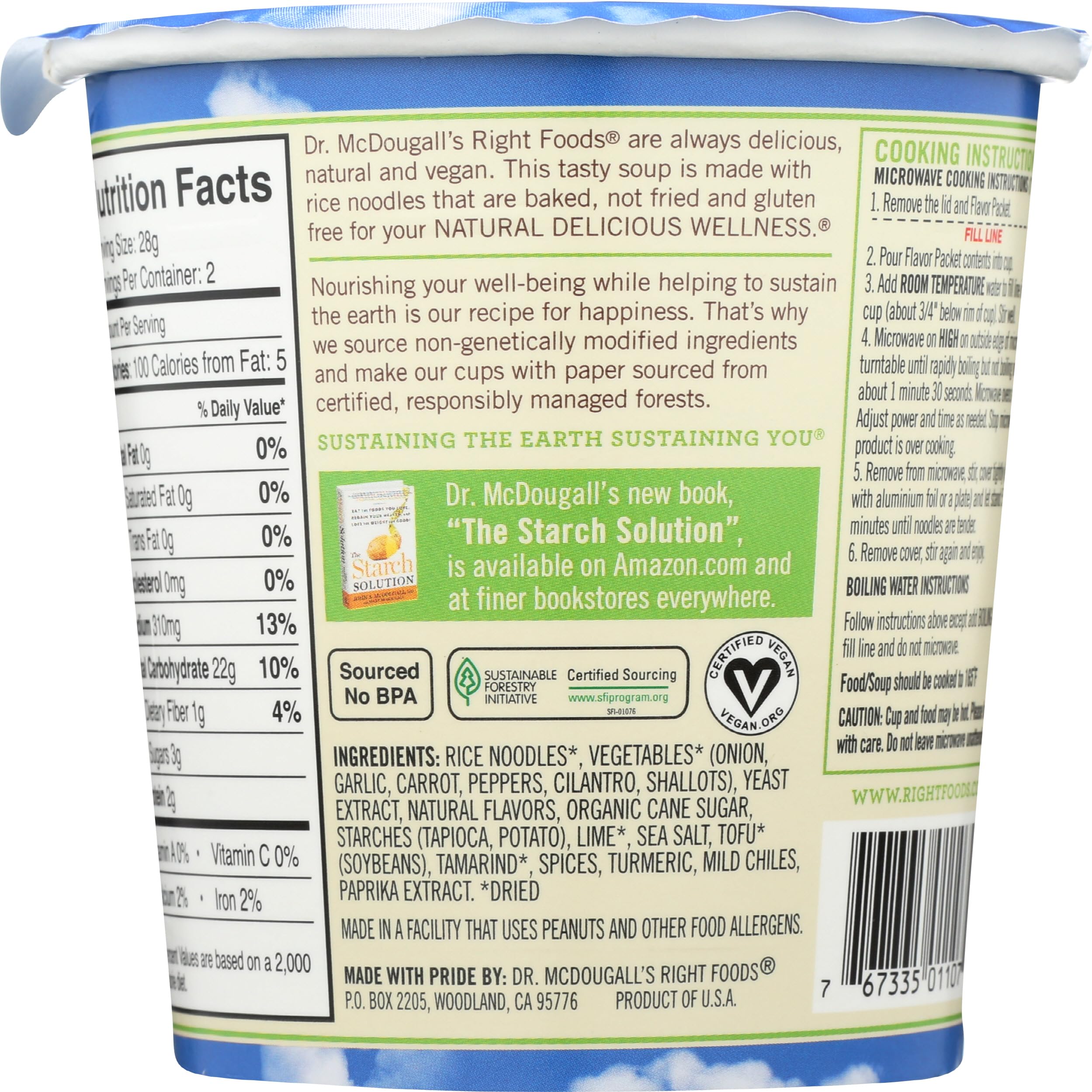 Dr. McDougall's Right Foods vegan Pad Thai noodle cup ingredients close-up showing organic noodles