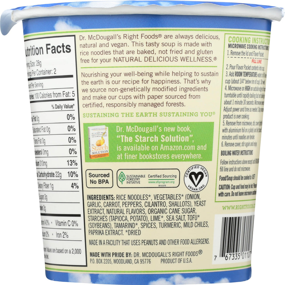 Dr. McDougall's Right Foods vegan Pad Thai noodle cup ingredients close-up showing organic noodles
