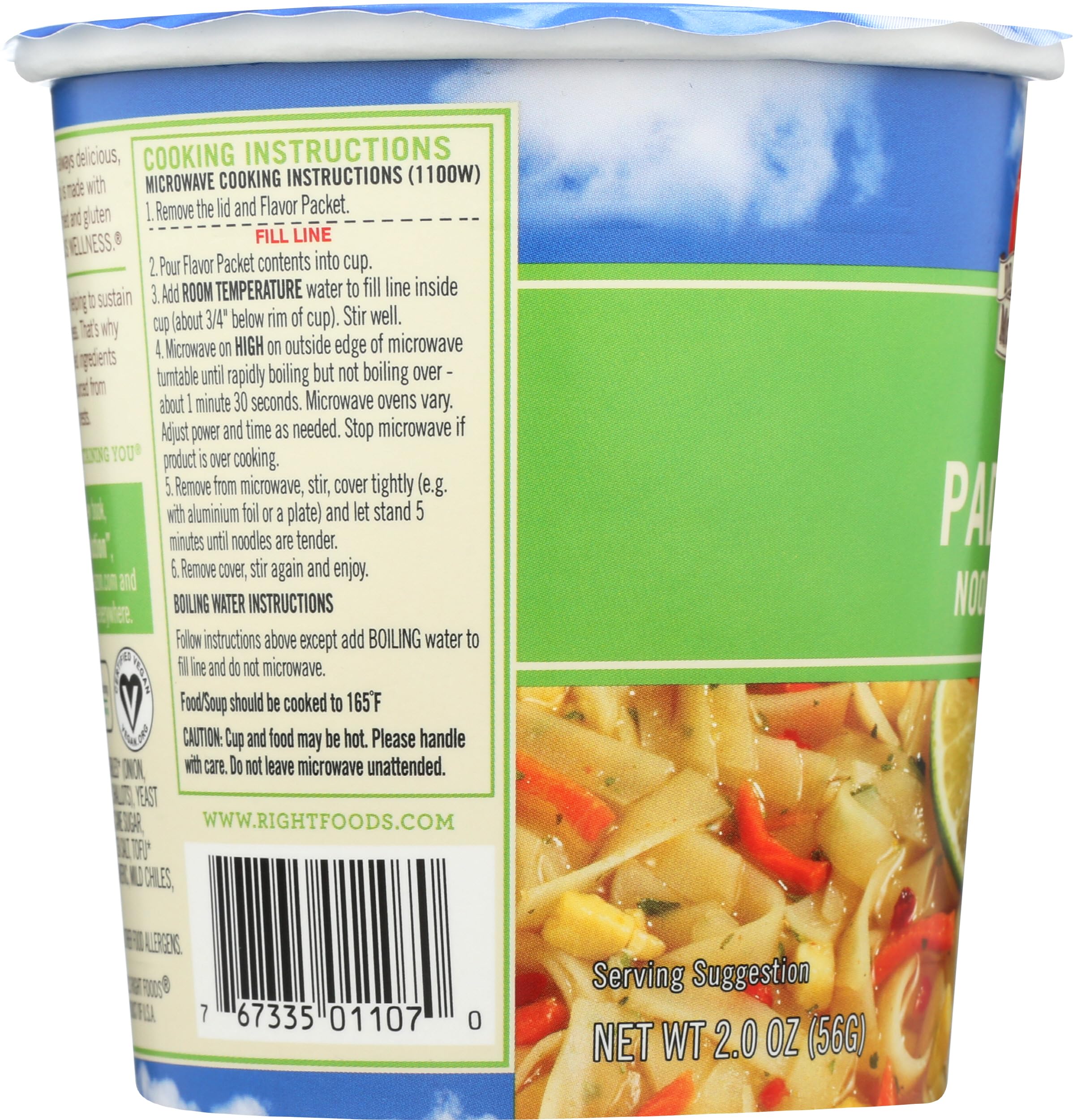 Dr. McDougall's Right Foods vegan Pad Thai noodle cup nutrition panel on back