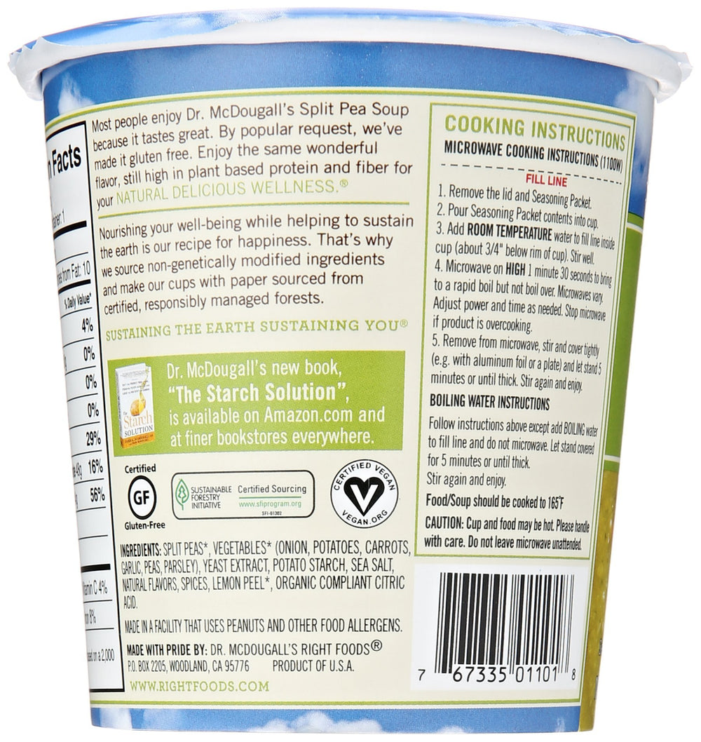 Dr. McDougall's vegan split pea soup close-up highlighting plant-based ingredients.