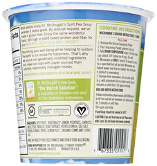 Dr. McDougall's vegan split pea soup close-up highlighting plant-based ingredients.