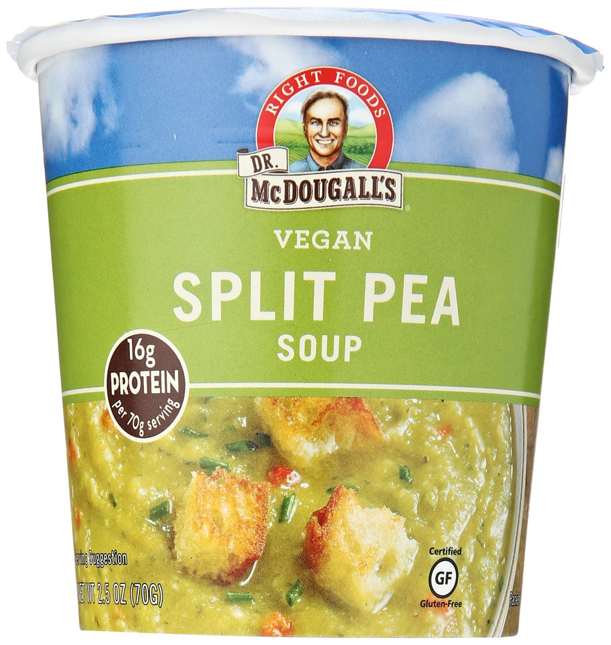 Dr. McDougall's vegan split pea soup packaging, a convenient pantry staple for quick meals.