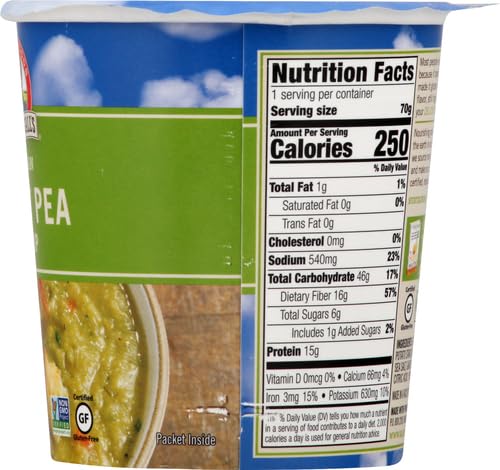 Dr. McDougall's vegan split pea soup nutrition label highlighting 130 calories.