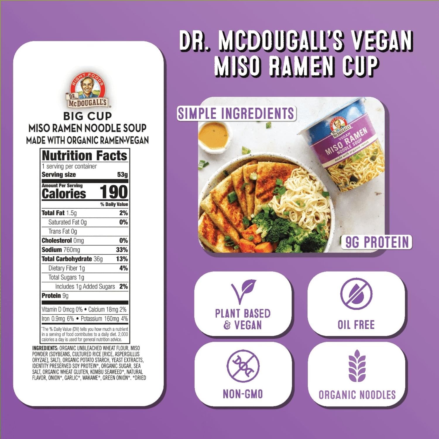 Dr. McDougall's right foods miso ramen cup highlighting miso powder for depth.