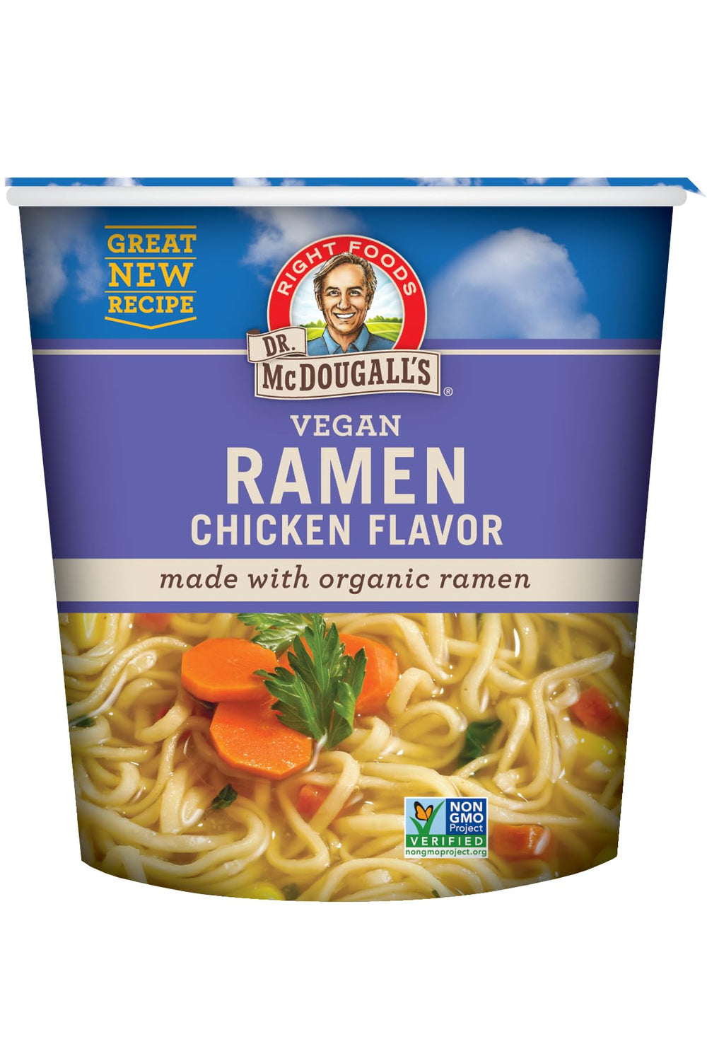 Dr. McDougall's vegan ramen cup with plant-based broth and organic noodles for quick meals.